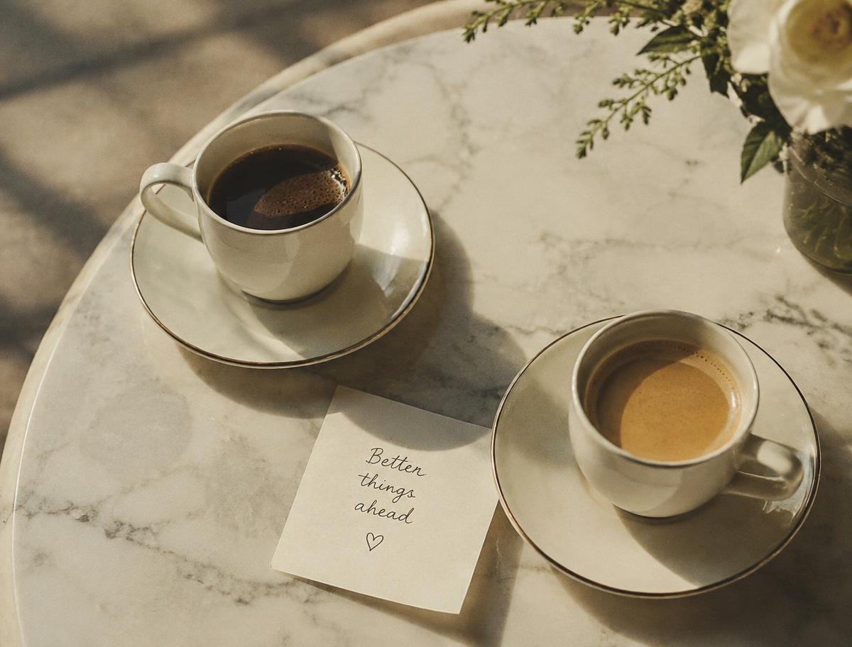 Two coffee cups and a handwritten note on a marble table